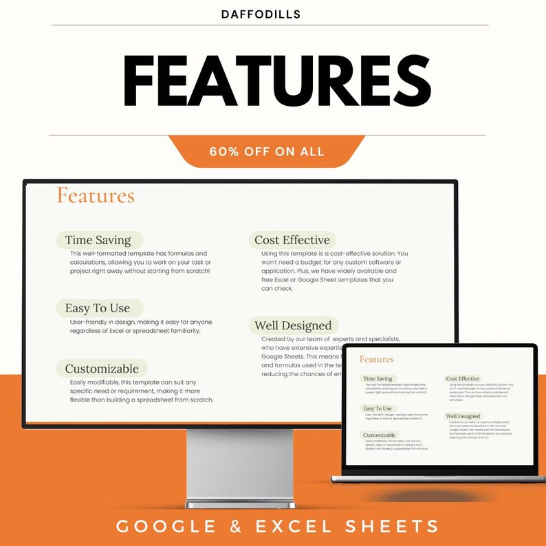 K&ouml;nnte beinhalten: Werbebild f&uuml;r Google & Excel Sheets Vorlagen. Das Bild zeigt einen Desktop-Computer und einen Laptop, auf denen das Wort "FEATURES" in gro&szlig;en Buchstaben angezeigt wird. Das Bild hebt die Funktionen der Vorlagen hervor, einschlie&szlig;lich Zeitersparnis und Kosteneffizienz.