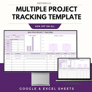 May include: A digital template for multiple project tracking, displayed on a desktop monitor and a laptop. The template includes charts, graphs, and data fields for project management. The text on the image reads "Multiple Project Tracking Template" and "Google & Excel Sheets."