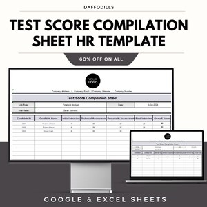 May include: A computer monitor and laptop display a "Test Score Compilation Sheet HR Template" with a table for candidate scores. The image includes the text "DAFFODILLS" and "60% OFF ON ALL". The template is designed for Google & Excel Sheets.
