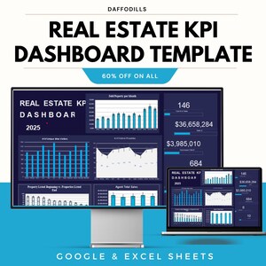 Op de afbeelding: Een digitaal vastgoed KPI-dashboard sjabloon weergegeven op een computermonitor en laptop. Het dashboard toont grafieken en datavisualisaties met de tekst "REAL ESTATE KPI DASHBOARD TEMPLATE" en "60% OFF ON ALL". De sjabloon is voor Google & Excel Sheets.