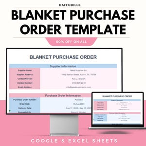Puede incluir: Una plantilla digital para un pedido de compra de mantas, que se muestra en un monitor de ordenador y un portátil. La plantilla incluye secciones para la información del proveedor y del pedido. El texto "BLANKET PURCHASE ORDER TEMPLATE" se muestra.