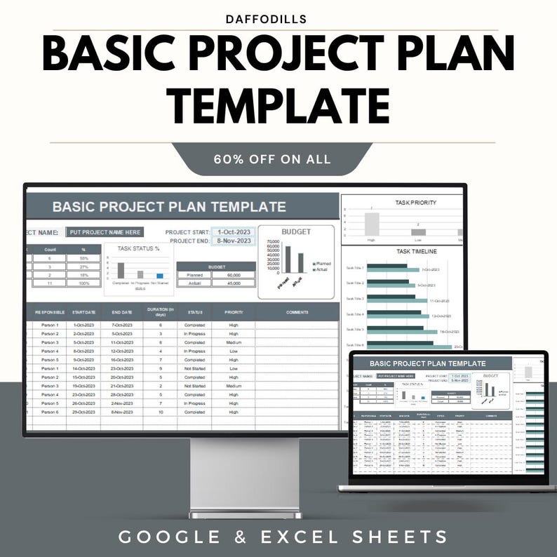 Op de afbeelding: Een digitale projectplan sjabloon weergegeven op een computermonitor en een laptop. De sjabloon bevat secties voor taakprioriteit, tijdlijn en budget. De tekst "BASIC PROJECT PLAN TEMPLATE" staat prominent, met "60% OFF ON ALL" eronder. Voor Google & Excel Sheets.