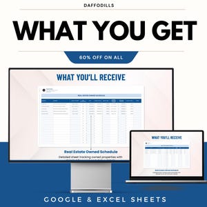以下が含まれることがあります： 「Real Estate Owned Schedule」というタイトルのスプレッドシートを表示するコンピューターモニターとラップトップの画像。テキストには「WHAT YOU GET」、「WHAT YOU'LL RECEIVE」、および「60% OFF ON ALL」が含まれています。下部には「GOOGLE & EXCEL SHEETS」と書かれています。
