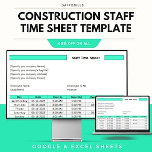 Può includere: Un modello digitale per un registro presenze del personale edile, visualizzato su un monitor di computer e un laptop. Il modello include campi per le informazioni sui dipendenti, le date, gli orari e gli straordinari. Il testo recita "CONSTRUCTION STAFF TIME SHEET TEMPLATE".