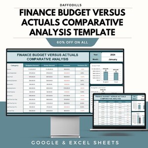 May include: A digital finance budget template displayed on a computer monitor and laptop. The template is titled "FINANCE BUDGET VERSUS ACTUALS COMPARATIVE ANALYSIS TEMPLATE" and includes data tables and charts. The text "60% OFF ON ALL" is also visible.