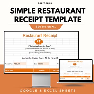 May include: A digital image of a restaurant receipt template on a computer monitor and laptop. The template includes fields for item lists, quantities, and costs. The text reads "Simple Restaurant Receipt Template" and "Authentic Italian Food At its Finest!"