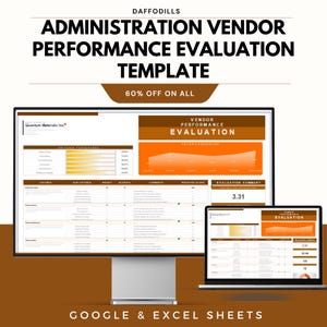 Puede incluir: Un monitor de ordenador y un portátil que muestran una plantilla de evaluación del rendimiento del proveedor. La plantilla incluye gráficos, tablas y el texto "Administration Vendor Performance Evaluation Template". La imagen también incluye el texto "60% OFF ON ALL" y "Google & Excel Sheets."