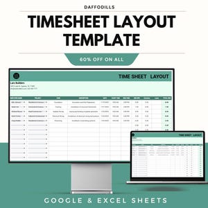 Può includere: Un modello di layout di timesheet digitale visualizzato su un monitor desktop e un laptop. Il modello presenta una combinazione di colori verde acqua e bianco con campi per le informazioni sui dipendenti, i dettagli del progetto e il monitoraggio del tempo. Il testo "TIMESHEET LAYOUT TEMPLATE" è ben visibile.