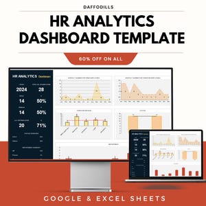 May include: A digital HR Analytics Dashboard Template displayed on a desktop monitor and a laptop. The template includes charts and graphs with data visualizations. The text on the image reads "HR Analytics Dashboard Template" and "60% OFF ON ALL". The template is for Google & Excel Sheets.