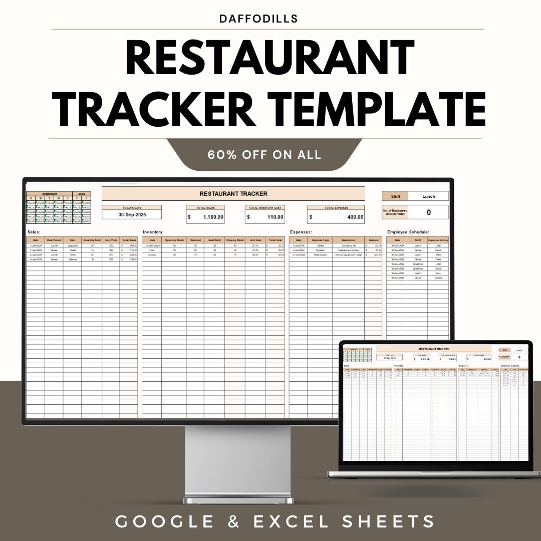 Restaurant Tracker Template, Google Sheets and Excel Sales Expense ...
