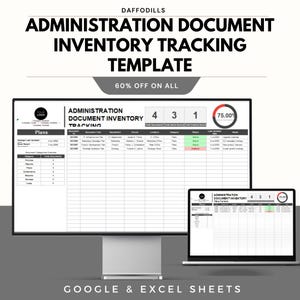 May include: A computer monitor and laptop display a spreadsheet template titled "ADMINISTRATION DOCUMENT INVENTORY TRACKING TEMPLATE." The template includes data fields and a progress indicator. The text "60% OFF ON ALL" is also visible.