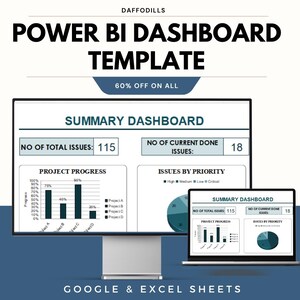 May include: A computer monitor and laptop showing a Power BI dashboard template. The screen displays data visualisations, including bar graphs and pie charts, with the text "SUMMARY DASHBOARD" and "60% OFF ON ALL". The template is designed for Google & Excel Sheets.