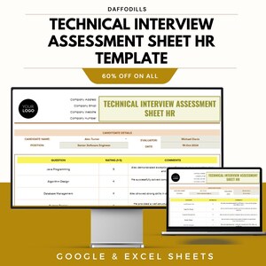 Puede incluir: Un monitor de computadora y una computadora portátil muestran una "Plantilla de hoja de evaluación de entrevista técnica de RRHH". La plantilla incluye secciones para los detalles del candidato, preguntas, calificaciones y comentarios. La imagen también muestra el texto "60% DE DESCUENTO EN TODO" y "GOOGLE & EXCEL SHEETS."