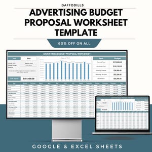Peut inclure: Un modèle numérique de feuille de calcul de proposition de budget publicitaire affiché sur un écran d'ordinateur de bureau et un ordinateur portable. Le modèle comprend des graphiques, des tableaux et le texte "ADVERTISING BUDGET PROPOSAL WORKSHEET TEMPLATE". L'image comprend également le texte "60% OFF ON ALL" et "GOOGLE & EXCEL SHEETS".