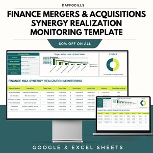 Può includere: Un monitor di computer e un laptop mostrano un modello di monitoraggio della sinergia di fusioni e acquisizioni finanziarie. Il modello include grafici, tabelle e il testo "SCONTO DEL 60% SU TUTTO". La parte inferiore dell'immagine recita "GOOGLE & EXCEL SHEETS".