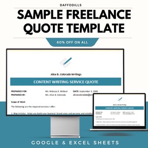May include: A digital image showcasing a freelance quote template on a computer monitor and laptop. The template is for content writing services, with the text "CONTENT WRITING SERVICE QUOTE". The image also includes the text "60% OFF ON ALL".