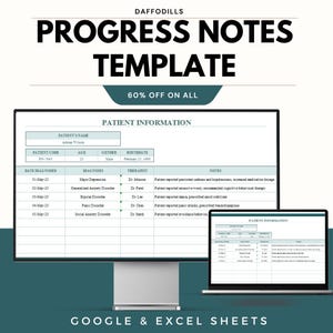 May include: A digital template for progress notes, displayed on a desktop monitor and a laptop. The template includes sections for patient information, diagnosis, therapist, and notes. The text "PROGRESS NOTES TEMPLATE" is prominently displayed.