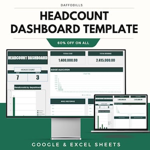 Könnte beinhalten: Eine digitale Headcount-Dashboard-Vorlage, die auf einem Desktop-Monitor und einem Laptop angezeigt wird. Das Dashboard zeigt Datenvisualisierungen, einschließlich Diagrammen und numerischen Daten für Gesamtkosten und Umsatz. Der Text lautet "HEADCOUNT DASHBOARD TEMPLATE" und "60% OFF ON ALL".