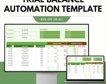 Sjabloon voor automatisering van proefsaldi, geautomatiseerde debet-tracker, boekhoudspreadsheet, Google Spreadsheets Excel Finance Tool
