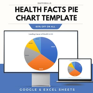 Op de afbeelding: Een computermonitor en een laptop tonen een cirkeldiagram met de titel "Leading Cause of Death In US". De grafiek is verdeeld in gekleurde segmenten met numerieke gegevens. De tekst bovenaan luidt "HEALTH FACTS PIE CHART TEMPLATE" en "60% OFF ON ALL."