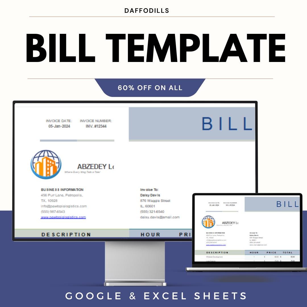 Bill Template | Professional Invoice Template | Excel and Google Sheets ...