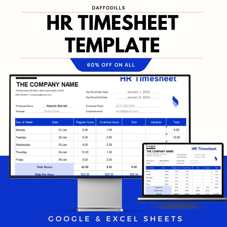 HR Timesheet Template, Employee Hours Tracker, Payroll Excel Sheet ...