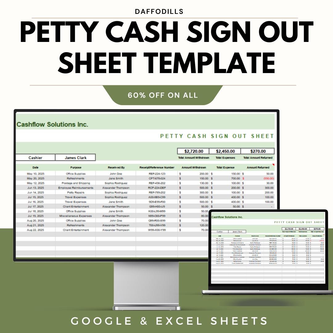 Cash Out Sheet Example Petty Cash Sign Out Sheet Template, Cash Disbursement Log, Expense ...