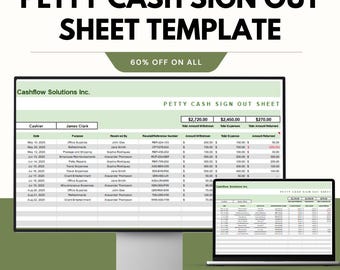 Puede incluir: Una plantilla digital para una hoja de registro de caja chica, que se muestra en un monitor de computadora y una computadora portátil. La plantilla incluye campos para cajero, fecha, propósito y cantidad. El texto "PETTY CASH SIGN OUT SHEET TEMPLATE" está en la parte superior.