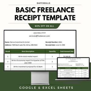 May include: A digital image of a freelance receipt template on a computer monitor and laptop. The template includes fields for item descriptions, quantities, and total amounts. The text on the screen reads "Basic Freelance Receipt Template" and "60% OFF ON ALL".