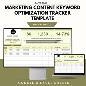 May include: A digital marketing content keyword optimization tracker template displayed on a computer monitor and laptop. The template includes data visualizations and the text "MARKETING CONTENT KEYWORD OPTIMIZATION TRACKER TEMPLATE". The text "60% OFF ON ALL" is also visible.