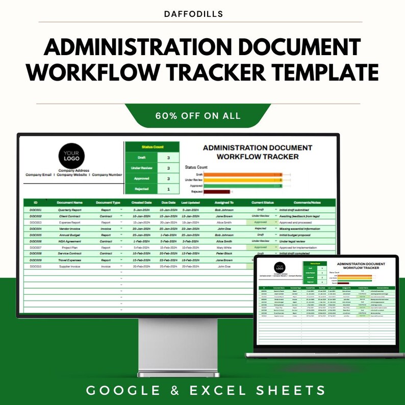 May include: A digital template for administration document workflow tracking, shown on a desktop monitor and laptop. The template has a green and white colour scheme, with data tables and the text "Administration Document Workflow Tracker Template". The image also includes the text "Google & Excel Sheets".