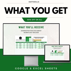 May include: An advertisement for a digital product, showing a desktop monitor and a laptop displaying a workflow tracker. The text "WHAT YOU GET" is prominent, with "60% OFF ON ALL." The product is for Google & Excel Sheets.