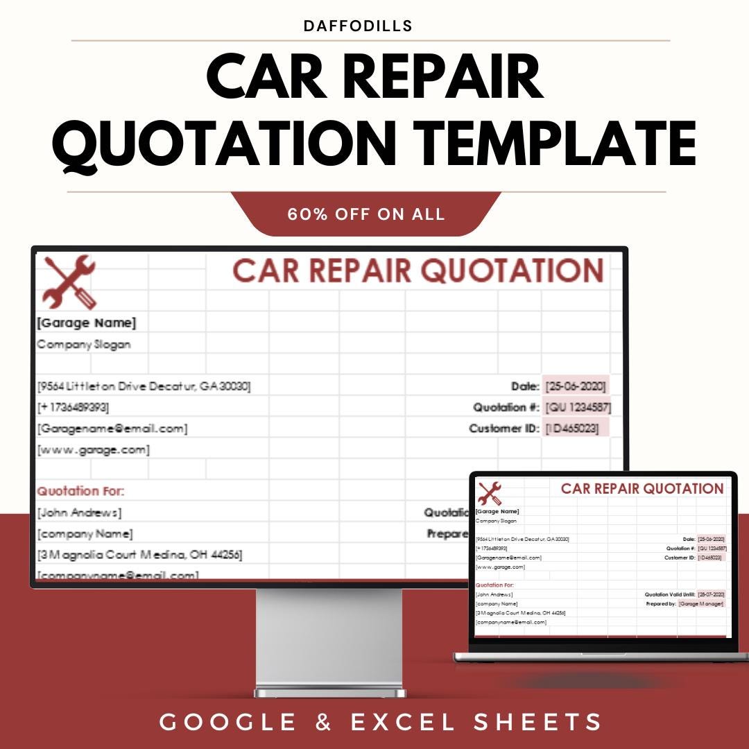Car Repair Quotation Template, Auto Repair Quote Sheet, Mechanic ...