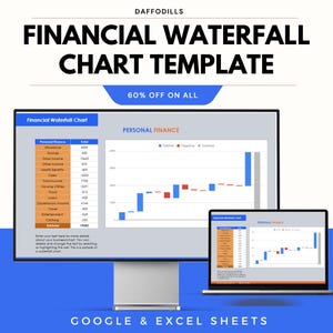 Pode incluir: Um modelo de gráfico de cascata financeira digital exibido em um monitor de desktop e laptop. O gráfico mostra dados financeiros pessoais com barras azuis e vermelhas. Texto: "Financial Waterfall Chart" e "60% OFF ON ALL".