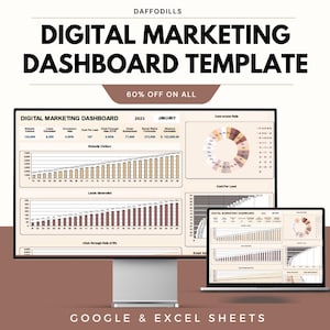 Könnte beinhalten: Eine Vorlage für ein digitales Marketing-Dashboard, die auf einem Computermonitor und einem Laptop angezeigt wird. Die Vorlage zeigt Datenvisualisierungen, Diagramme und Grafiken. Der Text auf dem Bild lautet "Digital Marketing Dashboard Template" und "60% off on all."