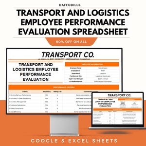 May include: A computer monitor and laptop display a Transport and Logistics Employee Performance Evaluation Spreadsheet. The spreadsheet includes employee information and performance criteria. The image also includes the text "60% OFF ON ALL" and "GOOGLE & EXCEL SHEETS".