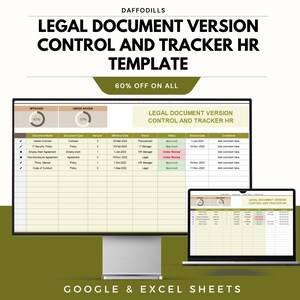 May include: A digital template for legal document version control and HR tracking, displayed on a computer monitor and laptop. The template includes sections for document name, type, version, and status. The text "60% OFF ON ALL" is also visible.