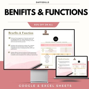 May include: A digital product advertisement with the text "DAFFODILLS" and "BENIFITS & FUNCTIONS". The image shows a computer monitor and a laptop displaying a spreadsheet with the text "Benefits & Function" and "GOOGLE & EXCEL SHEETS".