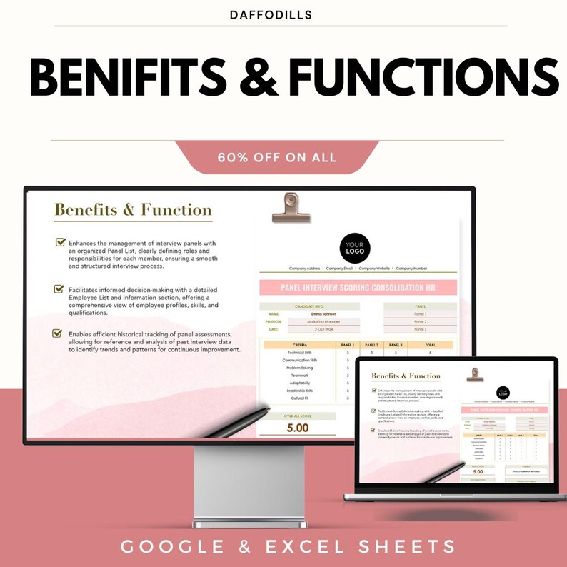 May include: A digital product advertisement with the text "DAFFODILLS" and "BENIFITS & FUNCTIONS". The image shows a computer monitor and a laptop displaying a spreadsheet with the text "Benefits & Function" and "GOOGLE & EXCEL SHEETS".