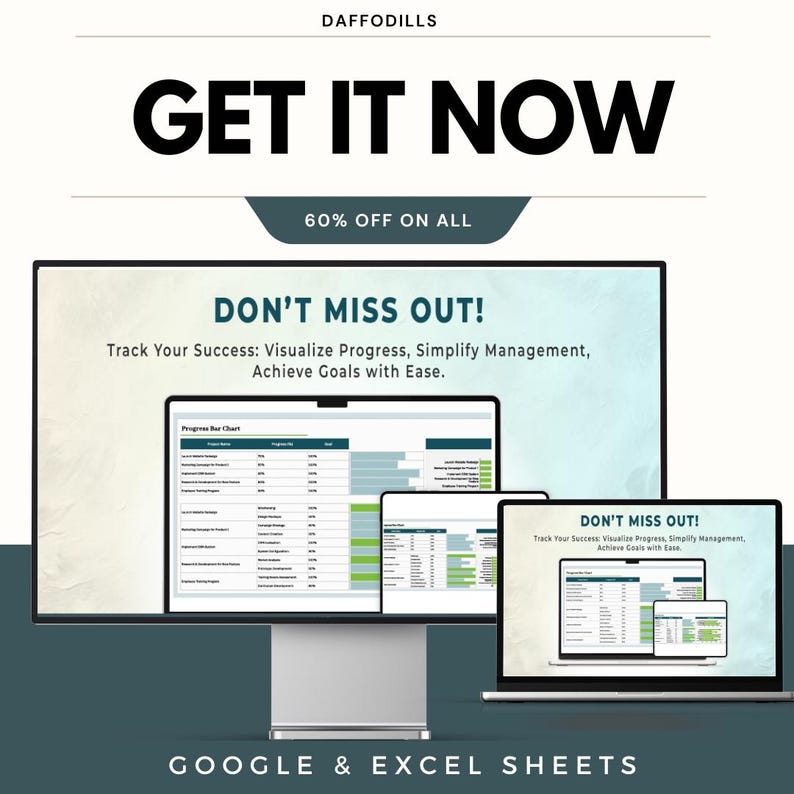 May include: An advertisement with the text "GET IT NOW" in large black letters. Below, it reads "60% OFF ON ALL." The image showcases a computer monitor, a tablet, and a laptop displaying spreadsheets. The text "DON'T MISS OUT!" is also visible.