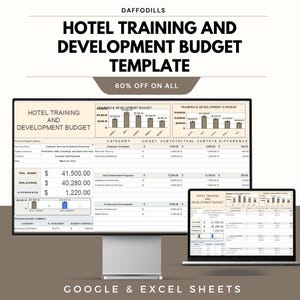 May include: A digital template for hotel training and development budget, displayed on a computer monitor and laptop. The template includes charts and financial data, with the text "HOTEL TRAINING AND DEVELOPMENT BUDGET TEMPLATE" and "60% OFF ON ALL".