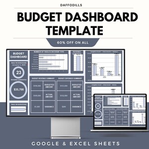 Könnte beinhalten: Eine digitale Budget-Dashboard-Vorlage, die auf einem Computermonitor und Laptop angezeigt wird. Die Vorlage enthält Diagramme, Grafiken und Zusammenfassungen von Finanzdaten. Der Text auf dem Bild lautet "Budget Dashboard Template" und "60% off on all".
