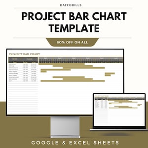 May include: A computer monitor and laptop displaying a project bar chart template. The text on the image reads "PROJECT BAR CHART TEMPLATE" and "60% OFF ON ALL". The bottom of the image says "GOOGLE & EXCEL SHEETS".
