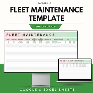 Può includere: Un display digitale di un modello di manutenzione della flotta, con il testo "FLEET MAINTENANCE TEMPLATE" in lettere grandi e in grassetto. Lo schermo mostra un foglio di calcolo con i dettagli dei veicoli. L'immagine include anche un laptop che mostra lo stesso modello.