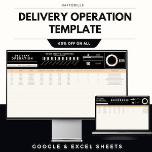 May include: A digital template for delivery operations, displayed on a computer monitor and laptop. The template includes data visualization and the text "DELIVERY OPERATION TEMPLATE" and "60% OFF ON ALL". The bottom of the image reads "GOOGLE & EXCEL SHEETS".