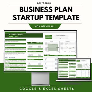 以下が含まれることがあります： ビジネスプランのスタートアップテンプレートを表示するコンピューターモニターとラップトップ。画面のテキストには「Business Plan Startup」と「SWOT Analysis」が含まれています。画像には「60% OFF ON ALL」と「GOOGLE & EXCEL SHEETS」の文字も含まれています。