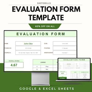 May include: A digital evaluation form template displayed on a computer monitor and a laptop. The form includes fields for name, phone number, and overall rating. The text "EVALUATION FORM TEMPLATE" is at the top, with "60% OFF ON ALL" below it.