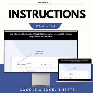 K&ouml;nnte beinhalten: Werbung f&uuml;r ein digitales Produkt mit dem Wort &bdquo;INSTRUCTIONS&ldquo; in gro&szlig;en schwarzen Buchstaben. Das Bild zeigt einen Computermonitor und einen Laptop, die eine Vorlage anzeigen, mit dem Text &bdquo;60 % RABATT AUF ALLES&ldquo; und &bdquo;GOOGLE & EXCEL SHEETS&ldquo;.