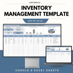 May include: An inventory management template displayed on a desktop monitor and a laptop. The template includes data tables, charts, and the text "INVENTORY MANAGEMENT TEMPLATE" and "60% OFF ON ALL". The template is designed for Google & Excel Sheets.