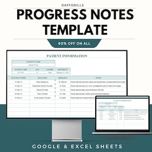 May include: A digital template for progress notes, displayed on a desktop monitor and a laptop. The template includes sections for patient information, diagnosis, therapist, and notes. The text "PROGRESS NOTES TEMPLATE" is prominently displayed.